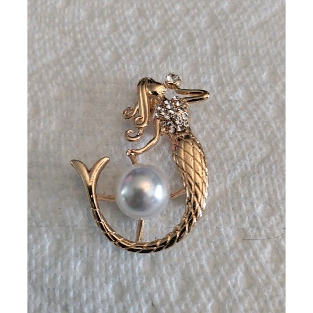 Gold Tone Mermaid Brooch/Pendant With Rhinestones And Faux Pearl 2" X 1.5"